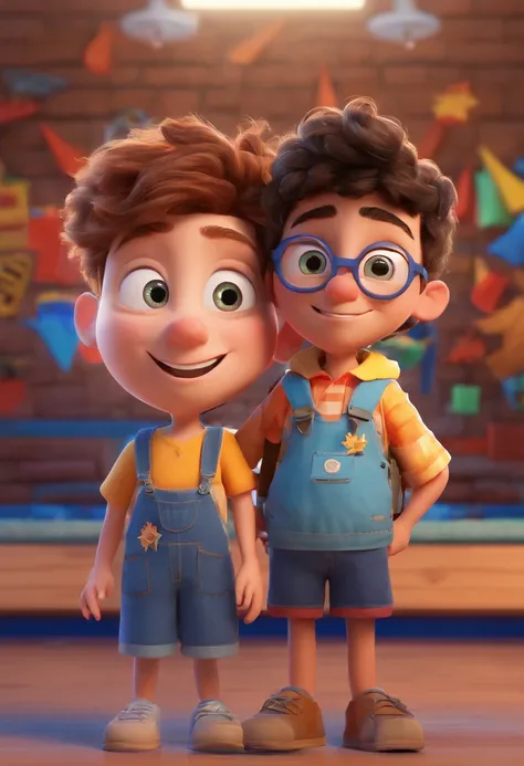 Cartoon of two school kids together,  3D Animation Movie Poster, Poster de filme animado, pixar 3 d animation style, pixar renderman rendering, todos vestindo camisas azuis escuras e jeans claros, Disney Pixar Animation Poster