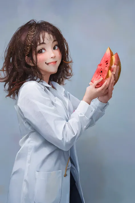 Smiling woman holding a slice of watermelon in her hand, wearing a melon, melancia, material is!!! melancia!!!, fotografia profissional de frutas, Melancias, melancia, mulher bonito, foto retrato, foto comercial, segurando um morango gigante, advertising p...