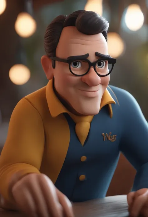 Cartoon character of a man with black glasses and a blue shirt, animation character, Caractere estilizado, animation style rendering, 3D estilizado, Arnold Maya render, 3 d render stylized, toon render keyshot, Personagem 3D, Personagem 3D, 3d rendering st...