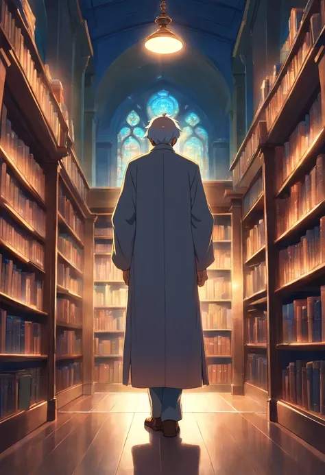 A wise old man standing in front, illuminated by the light of a lamp, against the backdrop of a library