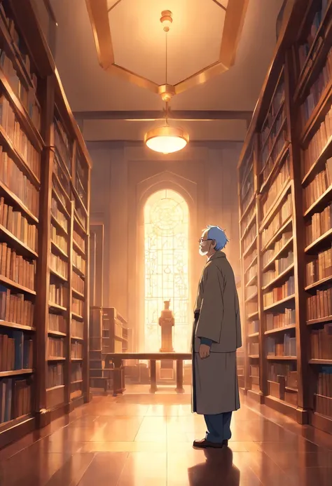 A wise old man standing in front, illuminated by the light of a lamp, against the backdrop of a library