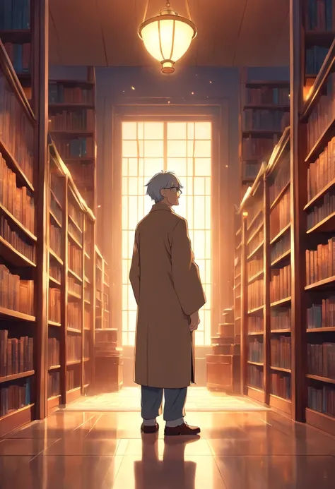 A wise old man standing in front, illuminated by the light of a lamp, against the backdrop of a library