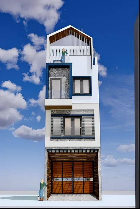 a rendering of a tall building with a garage and a balcony, arhitectural shot, front elevation view, elevation view, nepali architecture buildings, architectural shot, building facing, artistic render, front-view, wide angle exterior 2022, architectural 3 ...