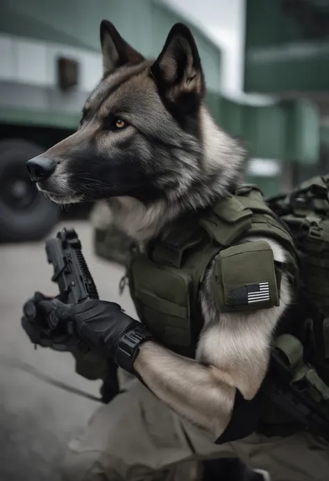 Black and white colored wolf is wearing modern American military gear and vest, segurando a arma m4a4. Na foto, It is not visible from the waist down, The background is blurred and there is a green Special Forces/SWAT Vehicle in the Background.  The atmosp...