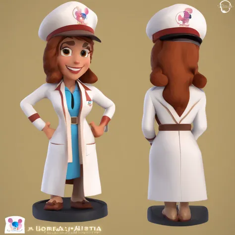 Crie um cartaz inspirado na Disney Pixar com o personagem Mulher estilo disney pixar, alta qualidade, mulher de 45 anos, Hes wearing a white coat, soriso no rosto, farmaceutica, cabelo medio na altura do ombro, com mechas loira, olhos castanhos pele clara,...