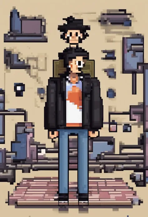 Criar um avatar estilo pixa de um menino de 18 anos com bone blusa preta e uma bag lateral cabelo baixo e liso