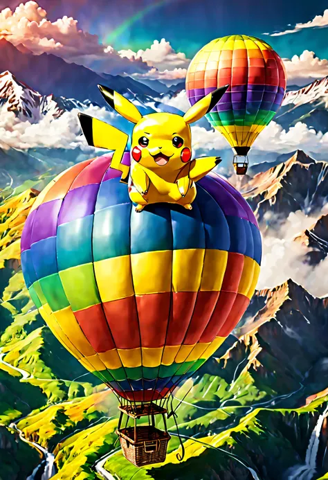 (Pikachu flies over the mountains in a giant rainbow-colored hot air balloon:1.6), [Aerial view], [From above], Photographed in [Large format], [Fujifilm Color Pro], In [Miles Aldrich（Miles Aldrich）style of], (Best quality,4K,8K,A high resolution,Masterpie...