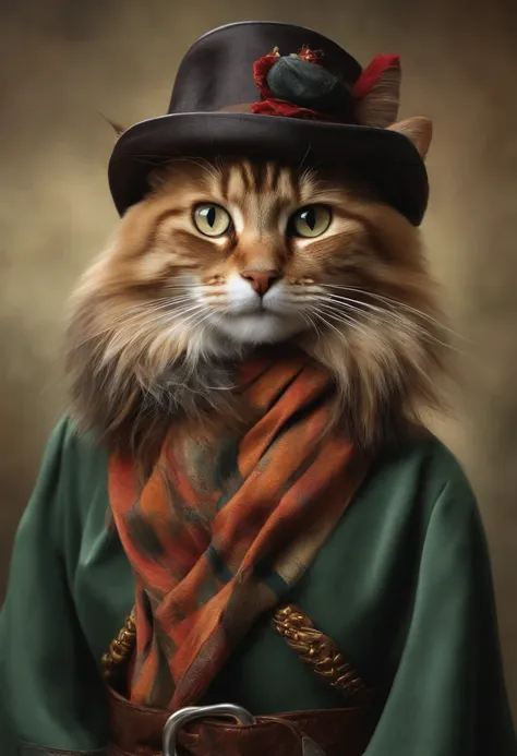 Cat painting on hat and scarf, Trendy at the art station, punk vestido, detailed hyper-realistic rendering, British gang members, estilo de rua, pose intimidadora, planeta dos gatos, Roupas da moda, samurai urbano, miau, West Slavic features, 8 1 5