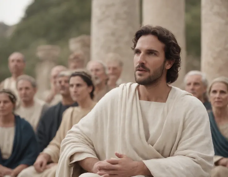 A Man Orator in Ancient Greece Speaking to a Seated Crowd. Ancient and classic pre-Christ garments