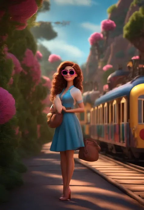 Pixar style image with 3D character glasses black, mulher morena, cabelo cacheado longo, com treno rosa, e ela esta lendo, Maquiagem Disney ,Close-up, Pixar, Disney, Cinema lighting, com luzes no fundo