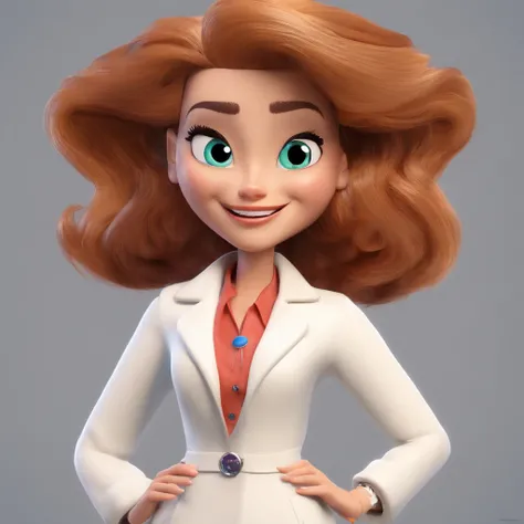 Crie um cartaz inspirado na Disney Pixar com o personagem Mulher estilo disney pixar, alta qualidade, mulher de 45 anos, Hes wearing a white coat, sorriso no rosto, cabelo no ombro, com mechas loira, olhos castanhos, pele clara, sobrancelhas na cor marrom ...