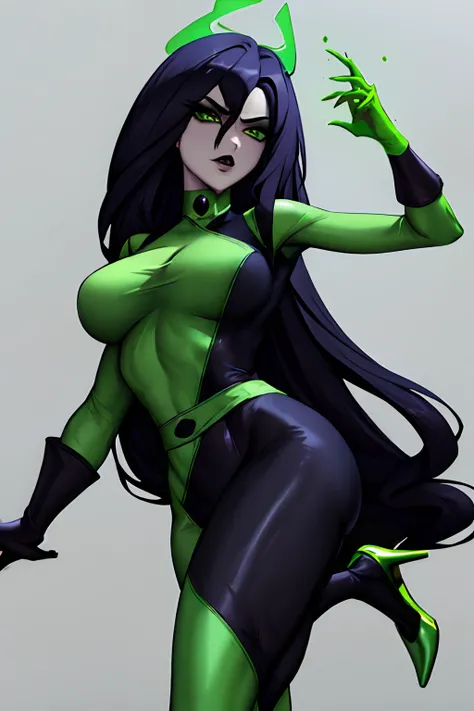 masterpiece, best quality, highres, shego, green eyes, looking evil, gloves, multicolored bodysuit, makeup, high heels, standing, one leg is up