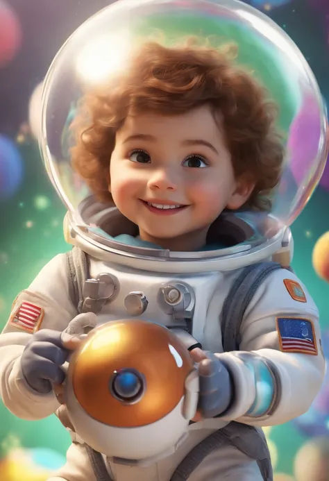 (a happy, cheerful, joyful, smiling, energetic, playful) cute (kid, child, young boy, young girl) standing, with (short hair, trimmed hair, cropped hair), (wearing, dressed in, sporting) a (space, astronaut, cosmic) costume, against a (white, pure white, b...