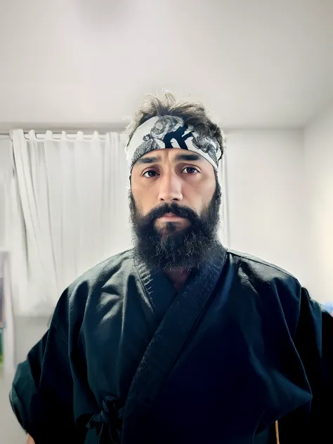 Theres a man with a beard and a bandana, foto de retrato samurai, em um dojo, Retrato frontal do samurai, Retrato Samurai, retrato do homem robusto, Retrato de um samurai, Retrato de um guerreiro robusto, Retrato de um guerreiro samurai, com uma barba pret...