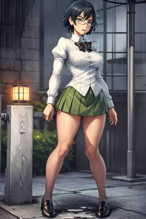 (best quality), (masterpiece), Shizune, grey-violet eyes, outdoors in heavy rainstorm, soaked wet dripping school uniform, soaked wet dripping dark green skirt, soaked wet dripping white shirt, no bra, soaked dripping wet hair, water running down face, wat...