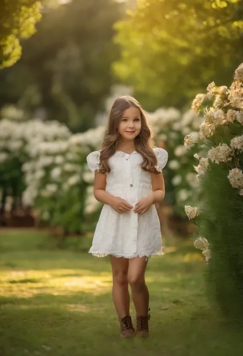 White baby skin tone, cabelo 
liso  preto, olho verdes claros , vestido camisa quadriculada amarela calca jeans , botas amarelas clara, arvores com flores amarelas,A ladybug in her hand, fundo um parque  8k, ..3d.