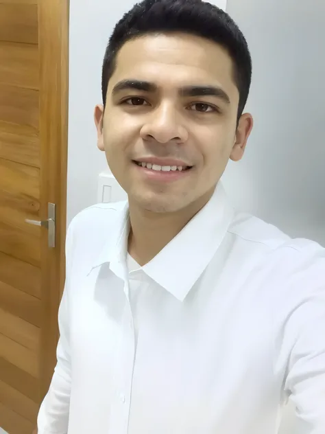 smiling man in white shirt standing in front of a wooden door, caio santos, david rios ferreira, icaro carvalho, edu souza, Henry Alvim Correa, mohamed chahin, joseph moncada, mohamed reda, dan dos santos, frontal picture, daniel mirante, emad mostaque