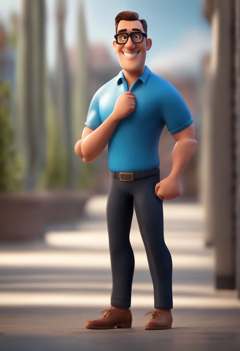 Cartoon character of a man with black glasses and a blue shirt, animation character, Caractere estilizado, animation style rendering, 3D estilizado, Arnold Maya render, 3 d render stylized, toon render keyshot, Personagem 3D, Personagem 3D, 3d rendering st...