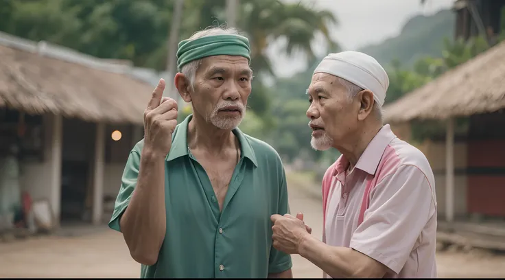 a film still of 2 malay old man in sport attire having an argument in malay village, raise hand, photo taken using Panavision DXL2, 28mm lens, Establishing shot, muted color grading, cinemascope, drama, high quality, ultra detailed, 8k resolution,