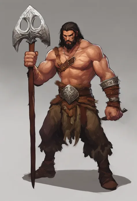 "Draw a towering barbarian warrior in a medieval fantasy world. Hes big and muscular, com pele morena e cabelos negros longos em forma de dreadlocks, amarrados com caveiras e ossos. The warrior wears a shoulder pad made from the head of a dragon, com olhos...