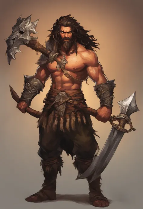 "Draw a towering barbarian warrior in a medieval fantasy world. Hes big and muscular, com pele morena e cabelos negros longos em forma de dreadlocks, amarrados com caveiras e ossos. The warrior wears a shoulder pad made from the head of a dragon, com olhos...