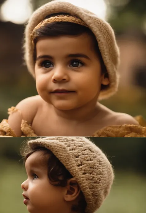 menino: Miguel, aproximadamente 5 anos de idade, cabelo curto estilo Disney, olhos castanhos e sorrisos. garota: Giovana, 2 anos, longos cabelos pretos e olhos azuis. scenecy: Miguel and Giovana are in a cozy little house in the valley, ao fundo um dia ens...