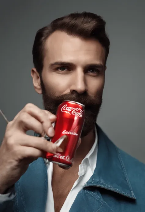 Homem de terno segurando uma garrafa de Coca-Cola e um cigarro, beber uma garrafa de coca-cola, potrait de corpo inteiro segurando garrafa, No estilo de Terry Richardson, segurando uma garrafa, Digna Gvasalia, Estilo Ilya Kuvishinov, inspirado em Antoine W...