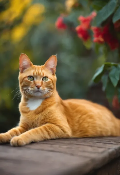 A yellow cat with a colorful background,  regard vif