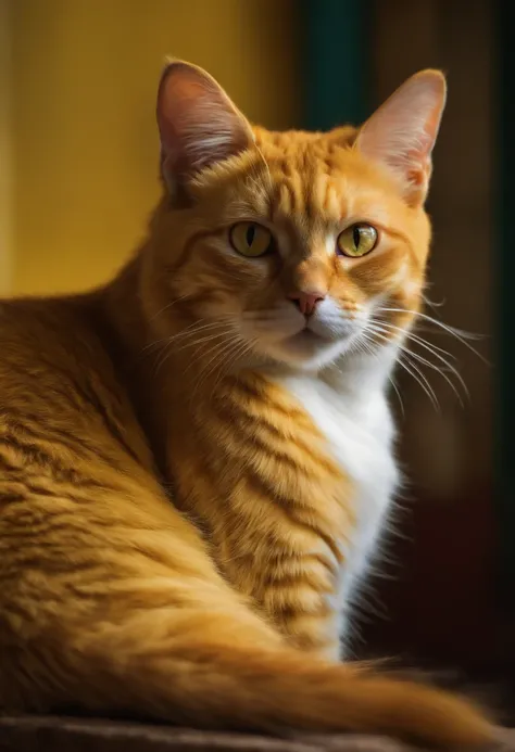 A yellow cat with a colorful background,  regard vif