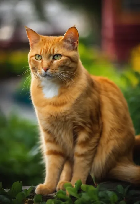 A yellow cat with a colorful background,  regard vif