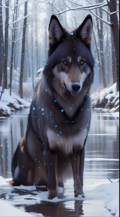 Theres a wolf thats sitting in the water, lobo azul, lobo peludo, Lobo Negro, Lobo branco com olhos azuis, lobo cinzento escuro, grande lobo, com pelo azul e olhos azuis, Lobo em um campo de neve, foto de lobo, lindos olhos azuis brilhantes, retrato do lob...