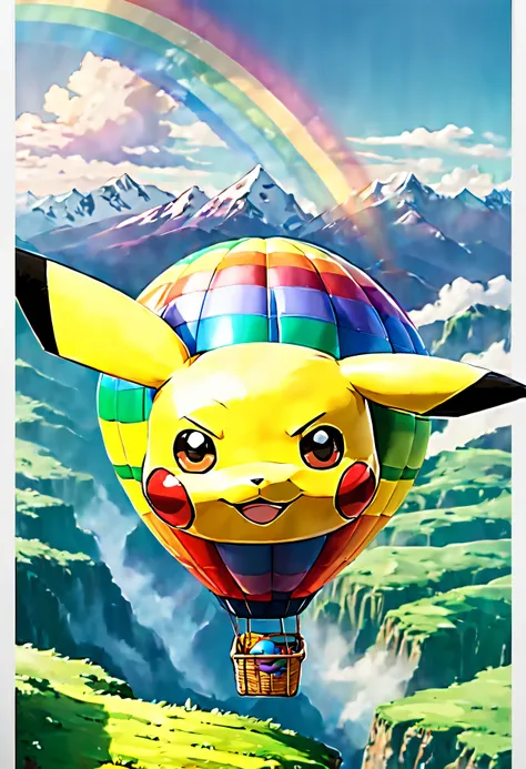 (Pikachu flies over the mountains in a giant rainbow-colored hot air balloon:1.6), [Aerial view], [From above], Photographed in [Large format], [Fujifilm Color Pro], In [Miles Aldrich（Miles Aldrich）style of], (Best quality,4K,8K,A high resolution,Masterpie...