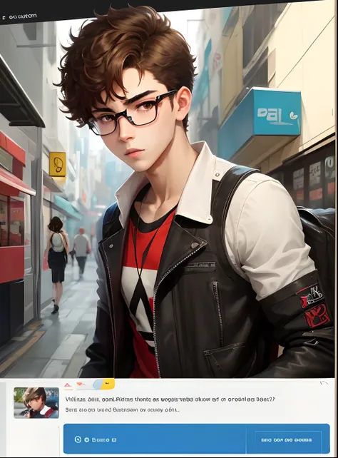 generate me an image of a Hispanic Teen boy with brown hair, hazel eyes, big black glasses, and pale skin in the persona 5 artstyle