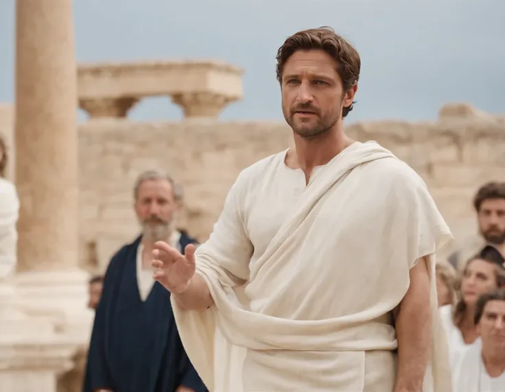 A Man Orator in Ancient Greece Speaking to a Seated Crowd. colunas gregas ao fundo, Ancient and classic pre-Christ garments, Gerard Butler novo, white tunic and blue, vestes gregas, Hellenistic,