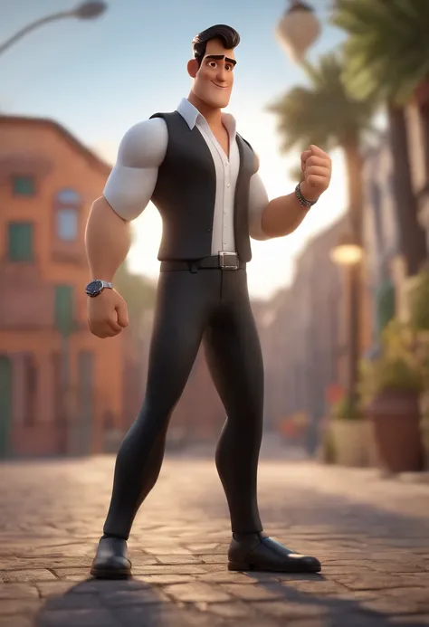 Cartoon character of a dark brunette man wearing white shirt and black pants, silver watch, rosto quadrado, um personagem animado, Caractere estilizado, animation style rendering, 3D estilizado, Arnold Maya render, 3 d render stylized, toon render keyshot,...