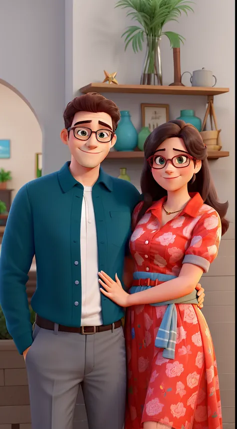 Happy couple hugging each other like love from Disney movie, mulher cabelo cacheado, The two wearing glasses at a social event, Man in gray pants, blusa verde e gravata cinza e mulher no vestido vermelho