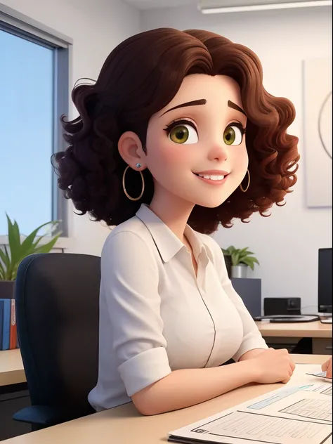 Mulher, engenheira ,de 39 anos, with medium curly hair,com luzes loiras, Rosto redondo e sorrindo, e olhos castanhos, usando aparelho nos dentes,brincos pequenos nas orelhas, sitting at an office desk, com quadros decorativos na parede,um pouco gorda.