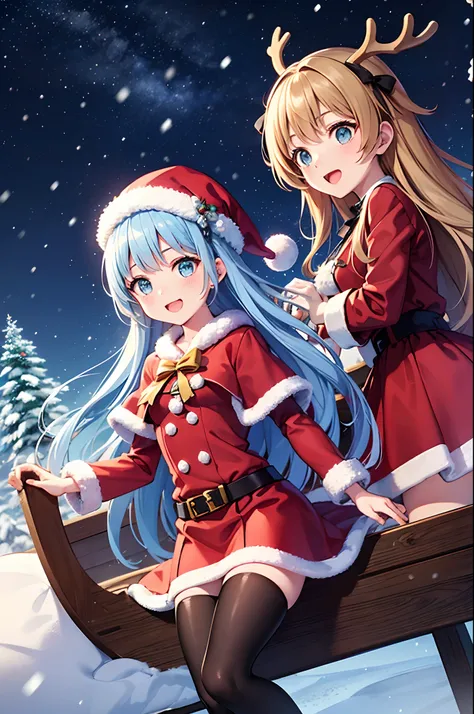 Super Idol　Pretty girl　Light blue long hair　Twin-tailed　Cute Santa Claus costumes　snow country　Ride a reindeer sleigh　Flying in the night sky　Its snowing(Some photos)