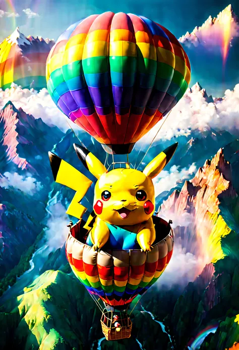 (Pikachu flies over the mountains in a giant rainbow-colored hot air balloon:1.6), [Aerial view], [From above], Photographed in [Large format], [Fujifilm Color Pro], In [Miles Aldrich（Miles Aldrich）style of], (Best quality,4K,8K,A high resolution,Masterpie...