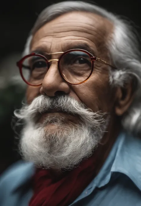 Image of an elderly man wearing glasses, com cabelo, barba e bigode grisalhos, sentado ao lado de um linda mulher morena, cabelos longos, castanho escuro, franja para o lado direito, sorrindo, tirando uma self