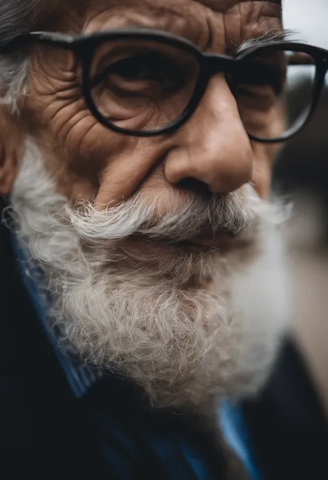 Image of an elderly man wearing glasses, com cabelo, barba e bigode grisalhos, sentado ao lado de um linda mulher morena, cabelos longos, castanho escuro, franja para o lado direito, sorrindo, tirando uma self