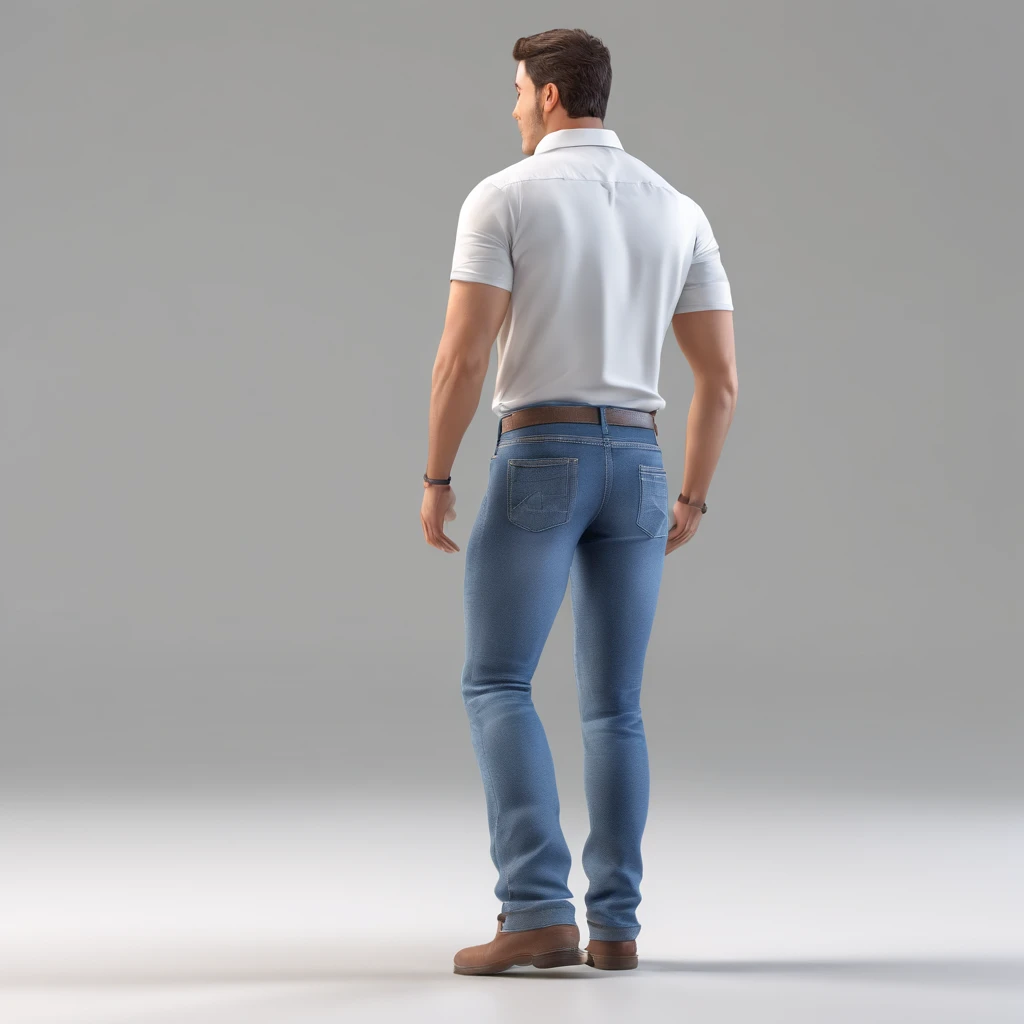 man in shirt and jeans, back, full body, white background