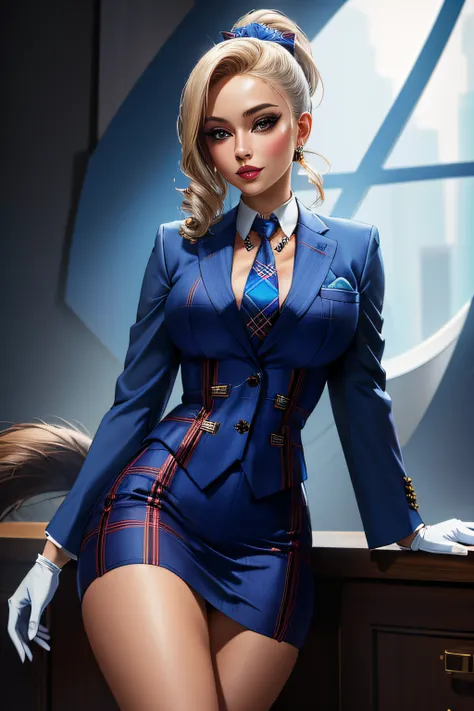 masterpiece, best quality, 1girl, skirt suit, (((three piece suit))), blue plaid suit, necktie, waistcoat, bodycon skirt, short, shortstack, tail, bushy tail, makeup, tie clip, white gloves, ponytail, normal breast