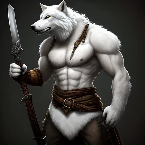 Anthropomorphic, white buff wolf holding a sword