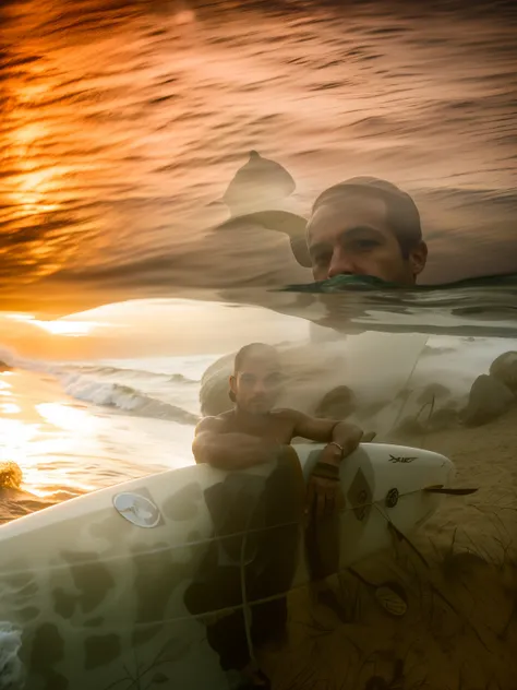 Surfer holding a surfboard on a rocky beach at sunset, caio santos, Nick Silva, lucas graziano, with sunset, inspirado em Nathan Oliveira, david rios ferreira, in the sunset, daniel mirante, in the sunset, icaro carvalho, surfe, Asher Duran, thiago lehmann...