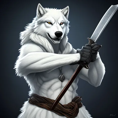 Anthropomorphic, white buff wolf holding a sword