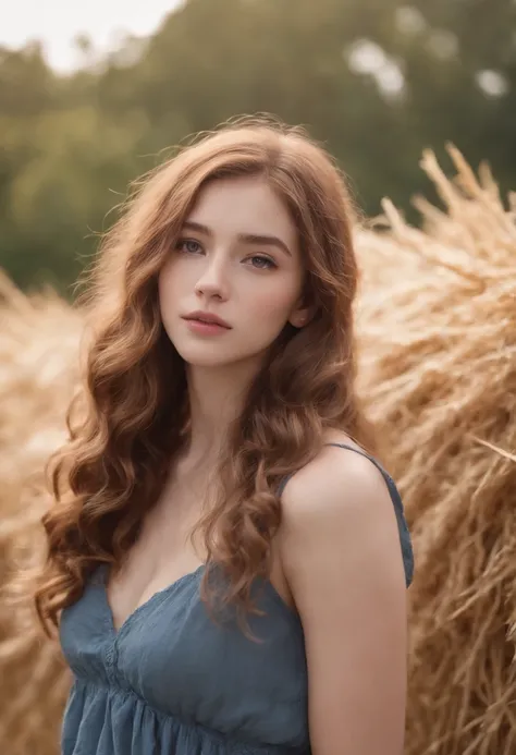 (Una dama)、kawaii、Un sexy、"Full length portrait of an attractive 17-year-old girl with hay-colored curly hair, Peinados a finales de los 80, small freckles, Cara hermosa, Seductores ojos azul oscuro, Large bust size, Muestra su belleza natural."