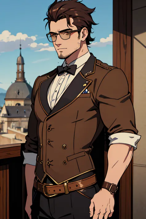 Homme de 30 ans avec des cheveux court brun mesure 1 mètre 70 porte des lunette et une tenu dans style Steam punk il est aussi assez musclé