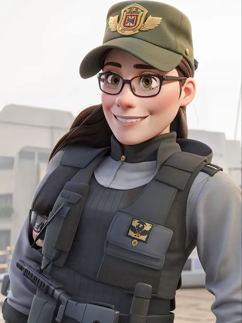 Brunette woman with glasses, long hair, smiling, military uniform with vests and functional weaponry