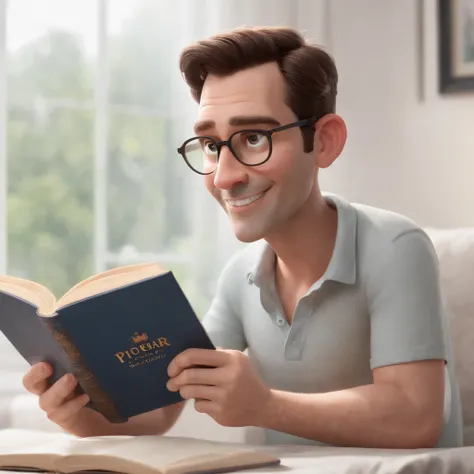 fundo branco, pixar desenhos animados 3D, homem lendo um livro, ::estilo pixar cartoon